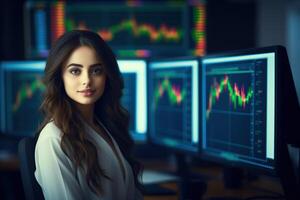 portrait de femme d'affaires à la recherche à caméra tandis que permanent dans de face de ordinateur moniteur avec Stock marché graphique ai généré photo