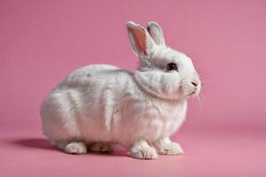 fermer de une blanc duveteux lapin sur une rose pastel Contexte. Pâques lapin pour Pâques. photo