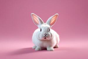 fermer de une blanc duveteux lapin sur une rose pastel Contexte. Pâques lapin pour Pâques. photo