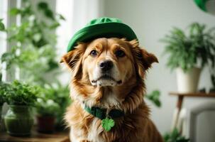 st. patrick's journée fête. mignonne chien avec vert chapeau à maison. photo