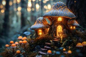 enchanté champignon maison avec chaud lumières photo