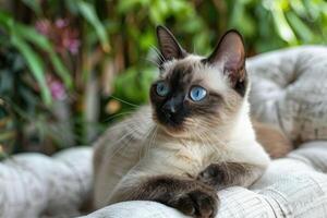 Siamois chat avec bleu yeux sur une blanc canapé photo