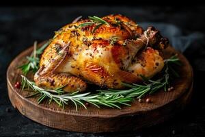 rôti entier poulet sur une en bois planche. photo