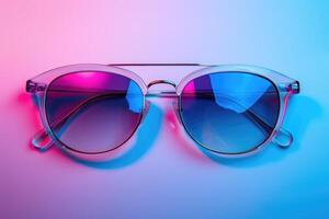 élégant des lunettes de soleil avec réfléchissant lentilles sur une bicolore néon rose et bleu Contexte photo