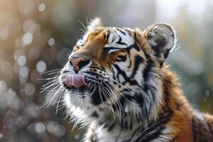 fermer de majestueux tigre visage avec langue lécher photo