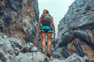 vue de le retour à la recherche en haut à femme alpiniste dans short escalade en haut sur via ferrata Piste dans le Alpes photo