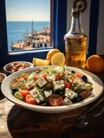 grec salade avec feta fromage et olive pétrole sur plaque. grec en bonne santé nourriture photo