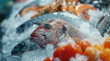 Frais poisson sur la glace à une Fruit de mer marché stalle photo