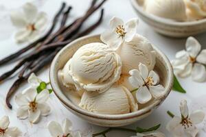 vanille la glace crème avec fleurs et vanille dosettes photo