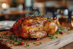 rôti entier poulet sur une en bois planche. photo