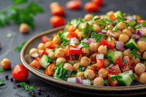 pois chiche salade avec tomates, concombre, persil, oignons dans une plaque, sélectif se concentrer. en bonne santé végétarien aliments. photo