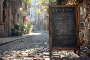 maquette. tableau noir menu sur une historique rue photo