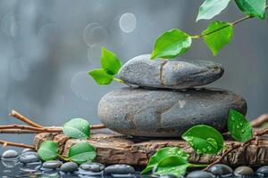 Zen des pierres avec vert feuilles et l'eau gouttes photo