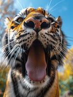 fermer de majestueux tigre visage avec langue lécher photo