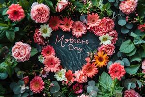 les mères journée cœur en forme de salutation avec un arrangement de magnifique fleur. photo
