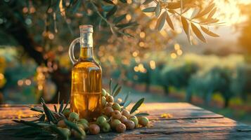 une verre bouteille de olive pétrole sur le en bois table dans le olive bosquet. photo