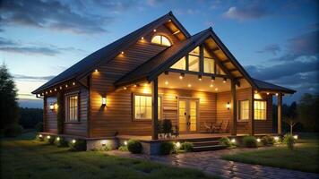 magnifique en bois maison avec beaucoup de lumières et crépuscule ciel photo