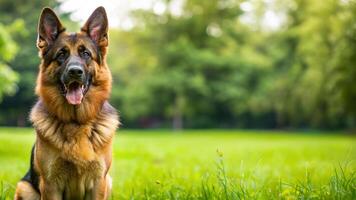 allemand berger chien dans le parc avec le sien visage orienté vers le caméra et lumière du soleil réfléchi photo