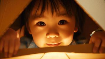 une fermer portrait de une Jeune enfant avec brillant yeux et une malicieux sourire, perdu dans une monde de imagination photo