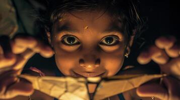 une fermer portrait de une Jeune enfant avec brillant yeux et une malicieux sourire, perdu dans une monde de imagination photo