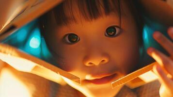 une fermer portrait de une Jeune enfant avec brillant yeux et une malicieux sourire, perdu dans une monde de imagination photo