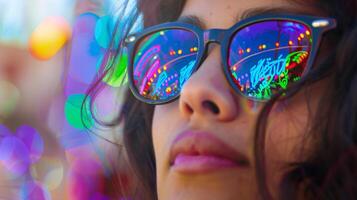 une paire de des lunettes de soleil sur une fête fille reflétant le vibrant couleurs de une été Festival photo