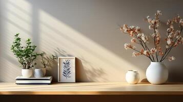 en bois table et mur avec ombre lumière du soleil photo