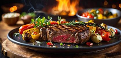 grillé bœuf, dîner, des légumes. succulent grillé du boeuf entouré par coloré rôti des légumes affiché sur une rustique en bois planche. photo