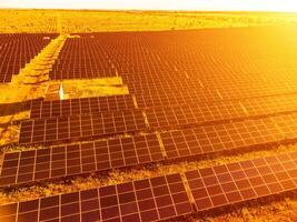 aérien Haut vue de une solaire panneaux Puissance plante. photovoltaïque solaire panneaux à lever du soleil et le coucher du soleil dans campagne de au-dessus de. moderne technologie, climat se soucier, Terre économie, renouvelable énergie concept. photo