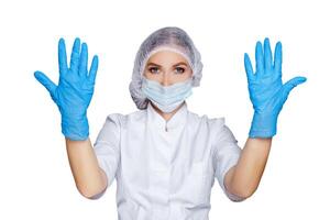 femmes médecin spectacles mains dans stérile gants isolé sur blanc, médical La publicité concept. photo