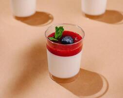 élégant panna cotta dessert avec baie sauce et Frais menthe photo