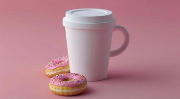 deux beignets et une tasse de café sur une rose Contexte photo