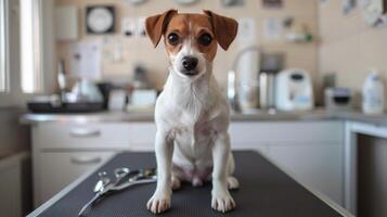 marron et blanc chien séance sur une compteur photo