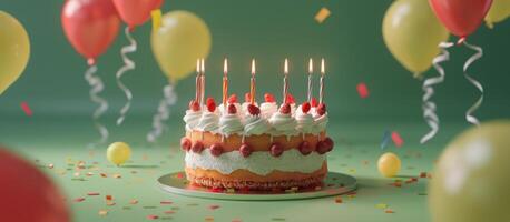 anniversaire gâteau avec allumé bougies et des ballons photo