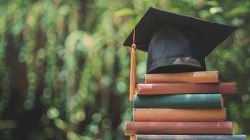 une l'obtention du diplôme bachelier casquette sur une empiler de livre, connaissance et éducation concept. photo