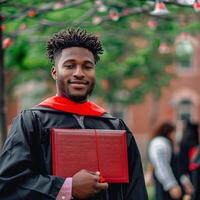 une homme portant l'obtention du diplôme robe et en portant diplôme pour la cérémonie fête. photo