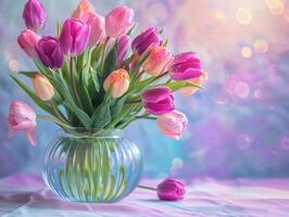 de la mère journée coloré Contexte concept avec tulipe fleur dans une verre vase. photo