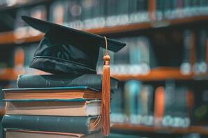 une l'obtention du diplôme bachelier casquette sur une empiler de livre, connaissance et éducation concept. photo