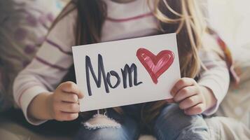 peu fille donnant sa main l'écriture salutation carte à sa maman. photo