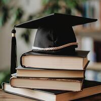 une l'obtention du diplôme bachelier casquette sur une empiler de livre, connaissance et éducation concept. photo