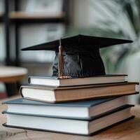 une l'obtention du diplôme bachelier casquette sur une empiler de livre, connaissance et éducation concept. photo