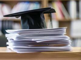 une l'obtention du diplôme bachelier casquette sur une empiler de papier, Nouveau diplômé emploi chasse concept. photo