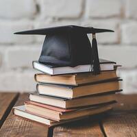 une l'obtention du diplôme bachelier casquette sur une empiler de livre, connaissance et éducation concept. photo