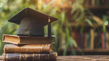 une l'obtention du diplôme bachelier casquette sur une empiler de livre, connaissance et éducation concept. photo