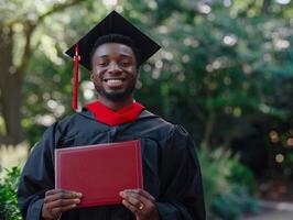 une homme portant l'obtention du diplôme robe et en portant diplôme pour la cérémonie fête. photo