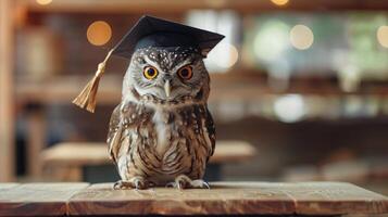 un hibou portant une bachelier casquette pour l'obtention du diplôme concept. photo