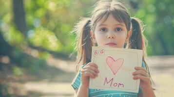 peu fille donnant sa main l'écriture salutation carte à sa maman. photo