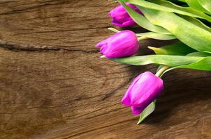 bouquet de magnifique tulipes sur en bois Contexte. tulipes sur vieux planches photo