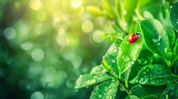 coccinelle sur vert feuilles avec Matin rosée, copie espace. photo