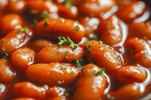 fermer de épicé cuit des haricots dans tomate sauce. photo